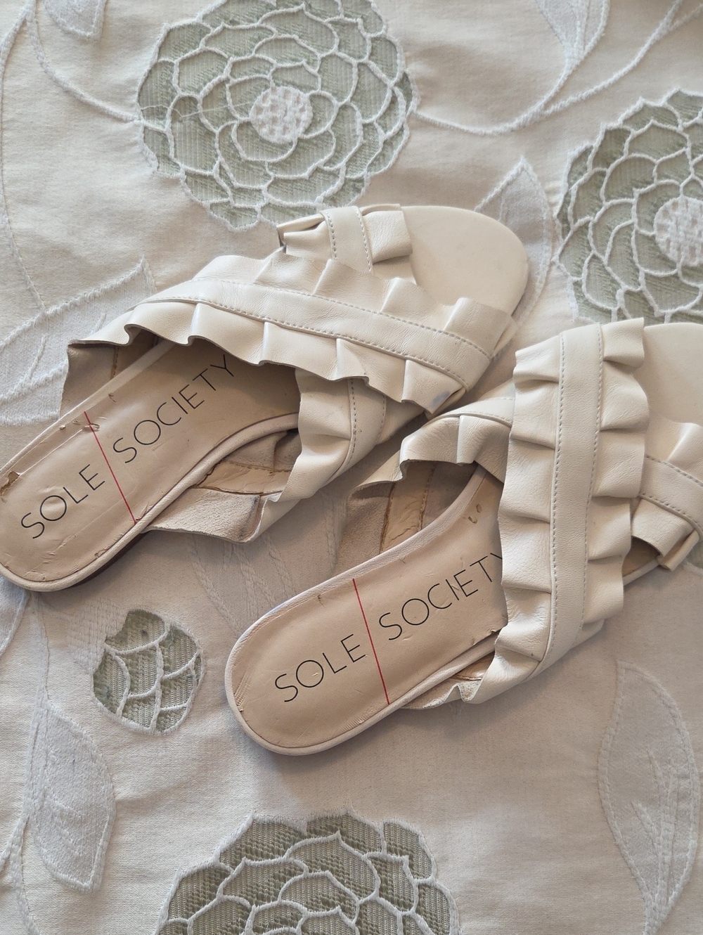 Sole Society Cream Ruffle Slide Mules